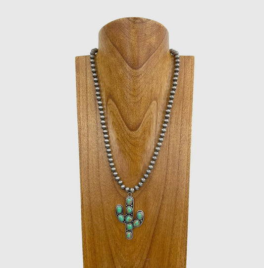 23 Inches Silver
Navajo Pearl Beads with Green Turquoise Stone Cactus Pendent Necklace