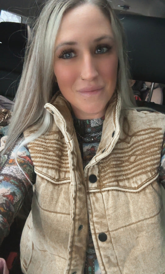 Camel Denim Puffer Studded Button Down Embroidered Vest