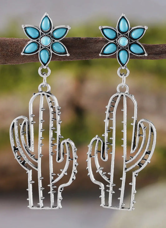 Silvery Western Turquoise Flower Cactus Dangle Earrings