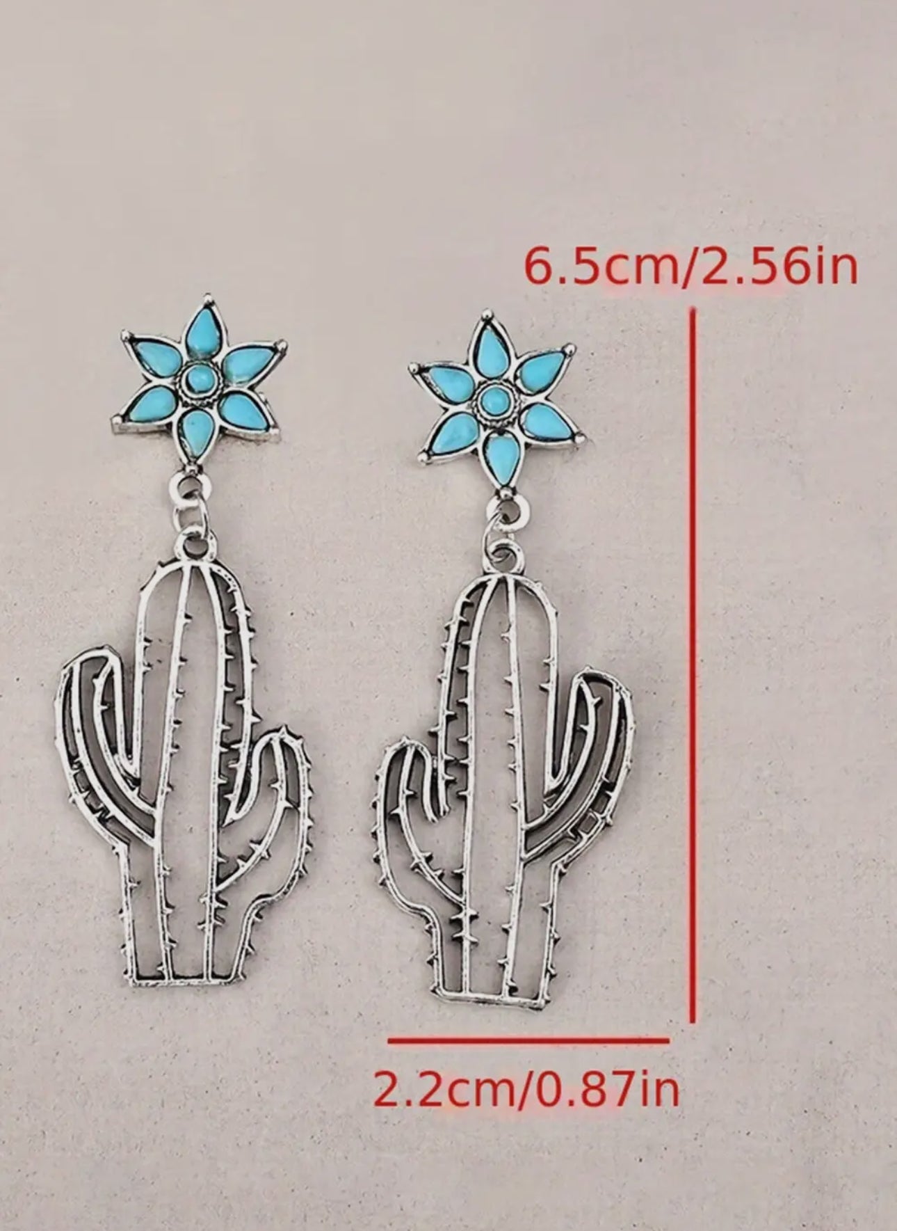 Silvery Western Turquoise Flower Cactus Dangle Earrings