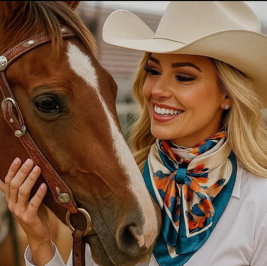 35X35" White and Teal Floral Wild Rag
