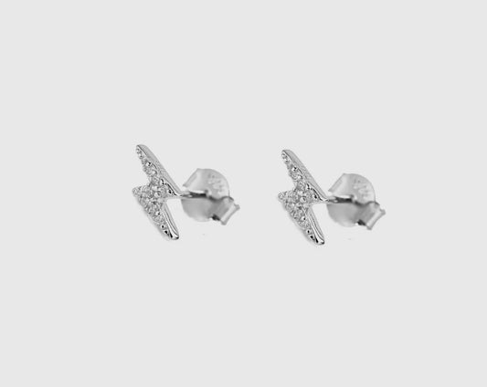 Cz Lighting Bolt Stud Earrings. Sterling Silver (925).