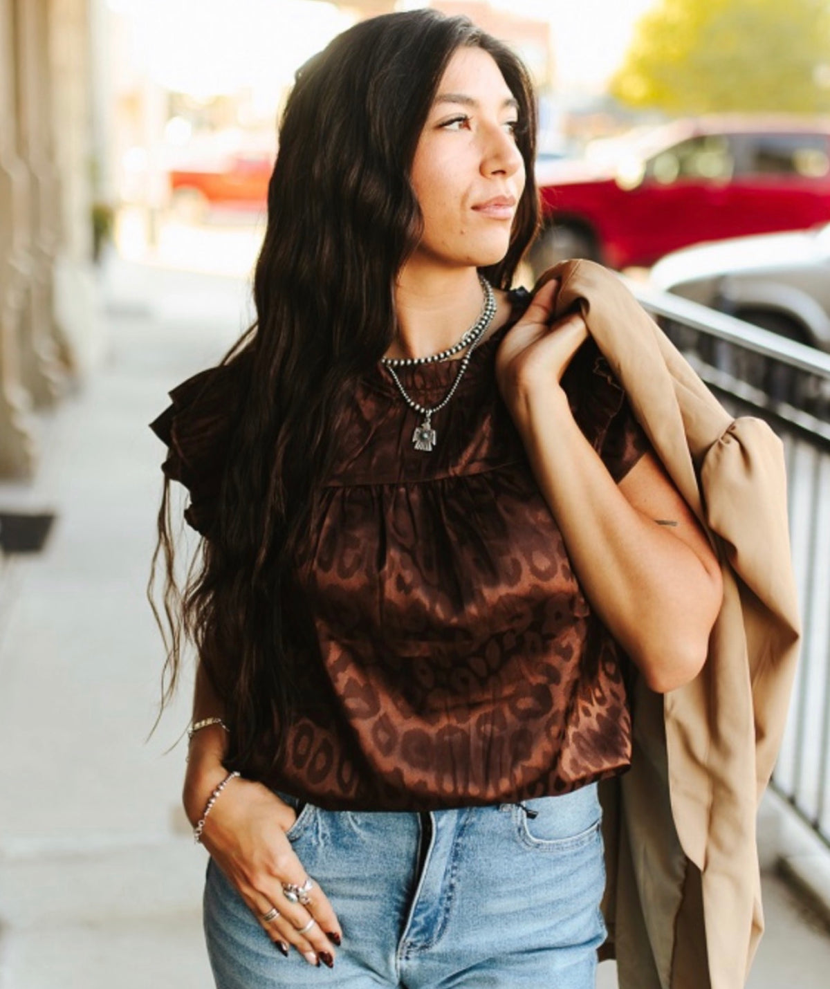 Leopard Satin Pleated Ruffle Top