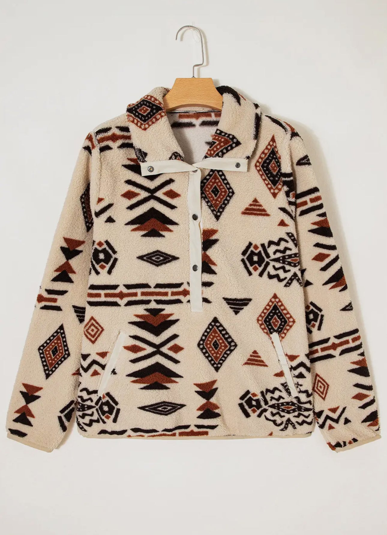Beige Western Aztec Half Zip Plush Sweatshirt