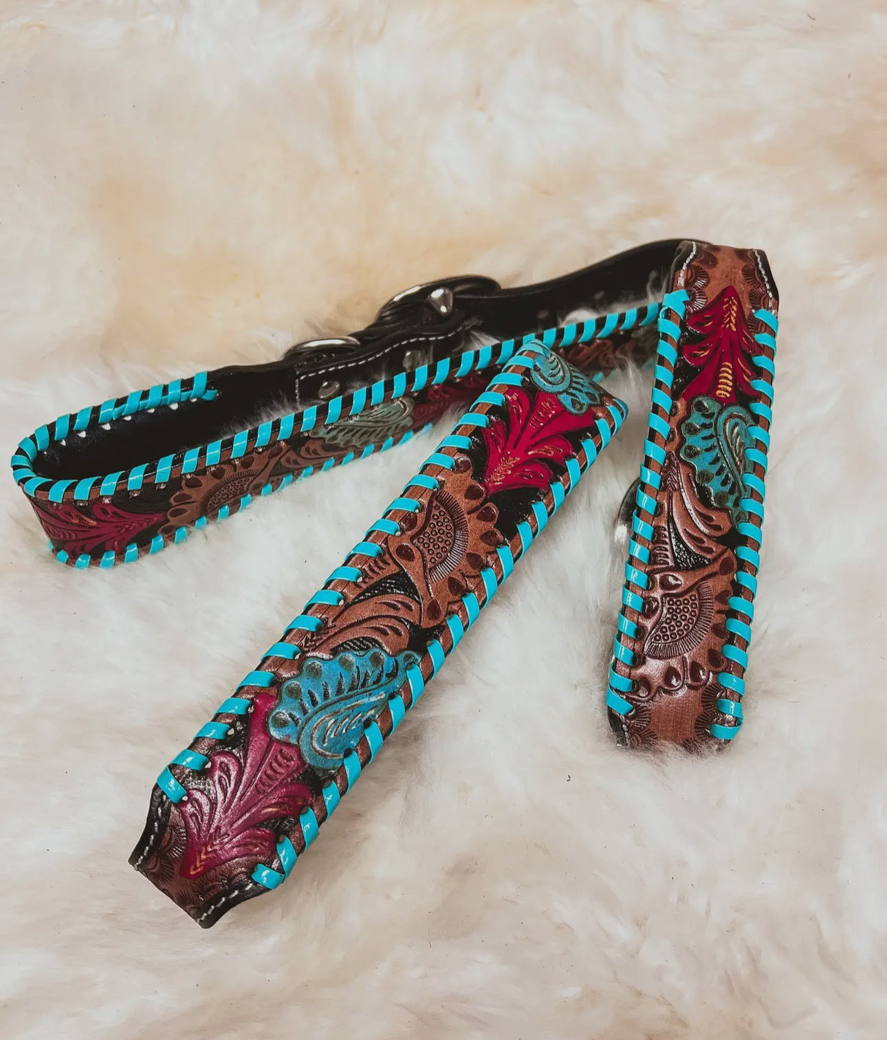 Hand Tooled Turquoise & Red Leather
Dog Collar
