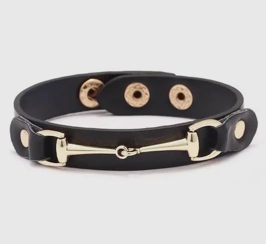 Awst Int'l Vegan Leather Bracelet W/Gold Tone Snaffle Bit (black)