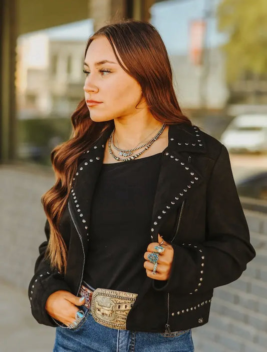 Black Suede Studded Aztec Embroidered Jacket
