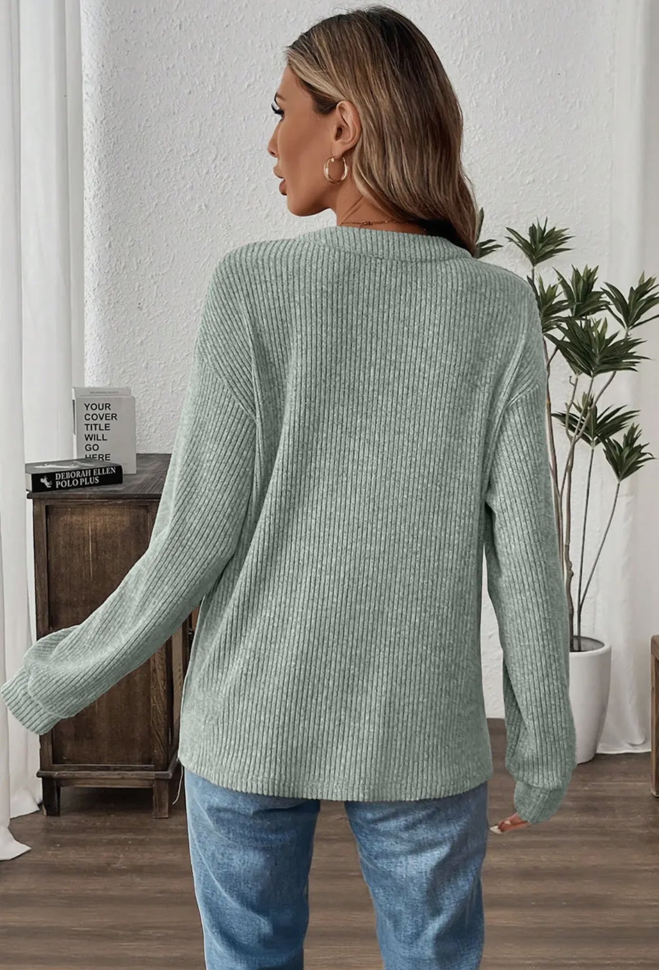 Aqua Ribbed Texture Drop Shoulder Henley Knit Top.