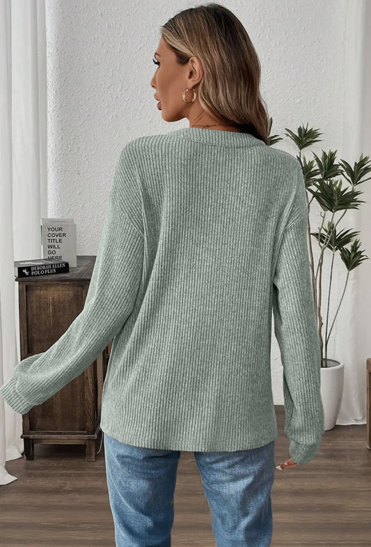 Aqua Ribbed Texture Drop Shoulder Henley Knit Top.