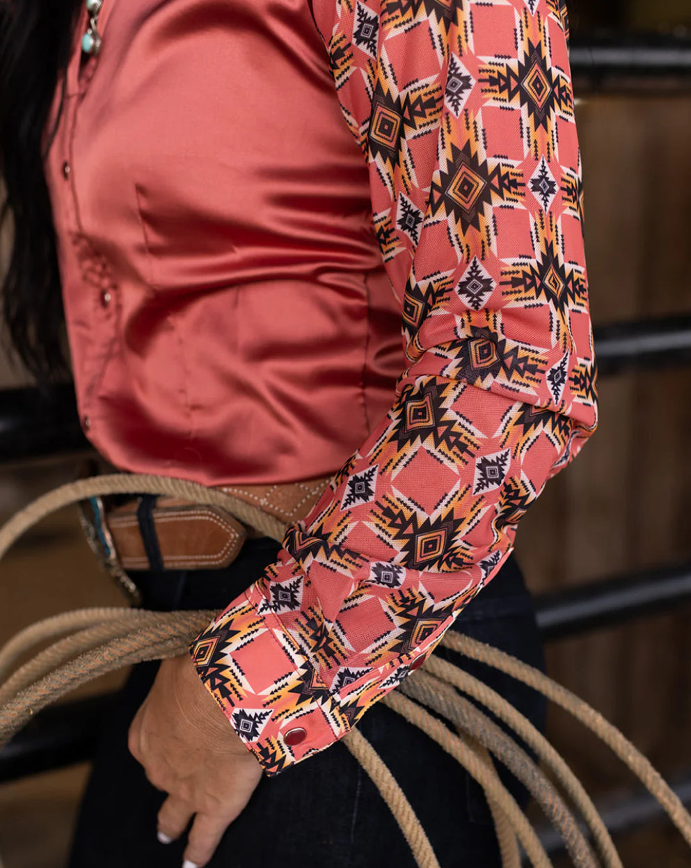 PECOS PEACH SATIN MESH PERFORMANCE RODEO SHIRT