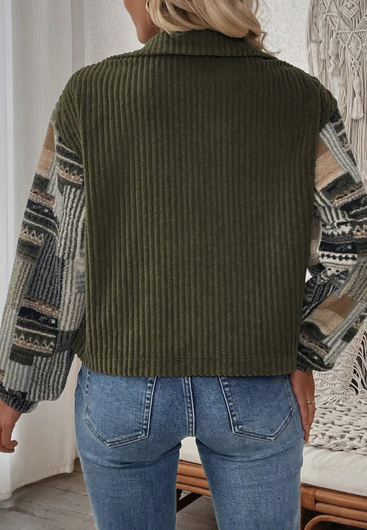 Jungle Green Ribbed Fleece Plaid Print Patchwork Button Up Jacket