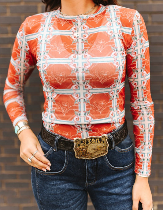 ORANGE IVORY WESTERN PRINTED
LONG SLEEVE STRETCH MESH TOP