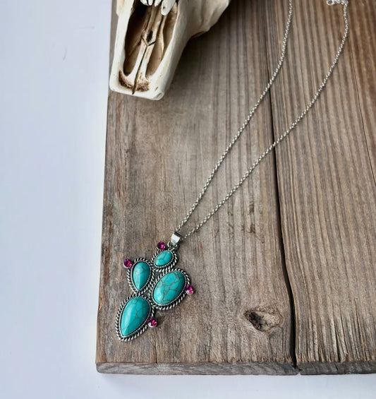 Western Cactus Stone Pendant Necklace