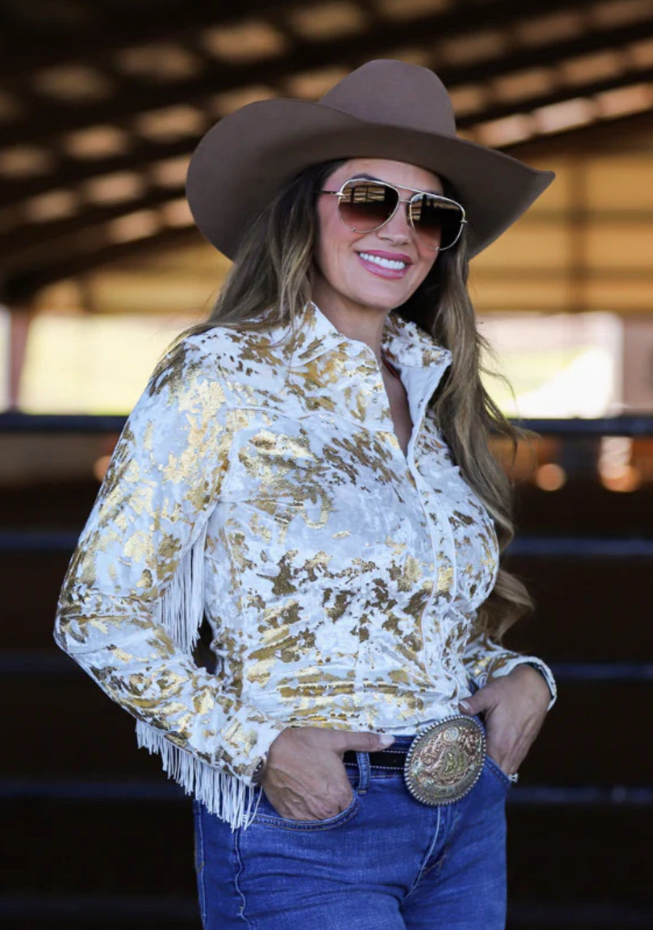 GOLD GILDED VELVET WITH FRINGE PERFORMANCE RODEO SHIRT