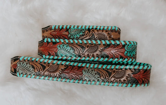 Hand Tooled Turquoise & Red Leather
Dog Collar