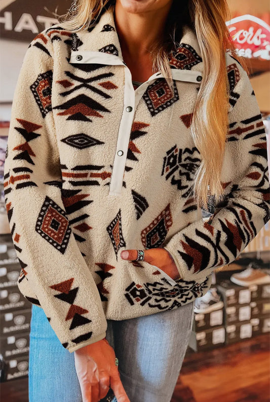 Beige Western Aztec Half Zip Plush Sweatshirt