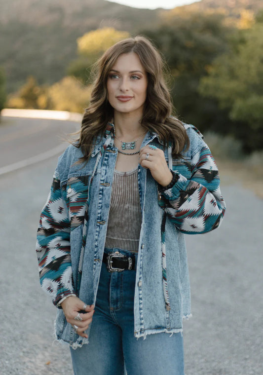 SOUTHERN ROOTS DENIM SHACKET with a detachable hood.