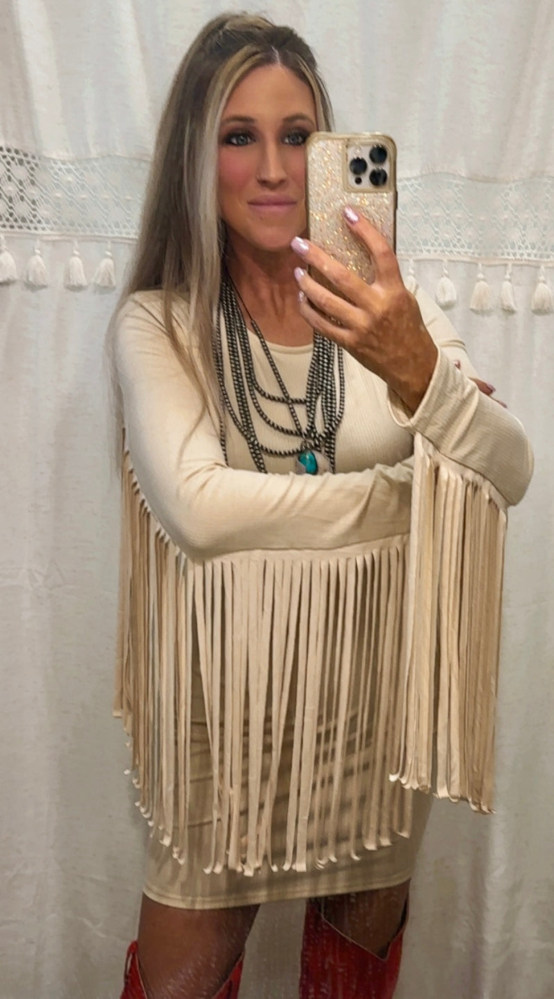 Natural Long Sleeve Fringed
Ribbed Bodycon Dress