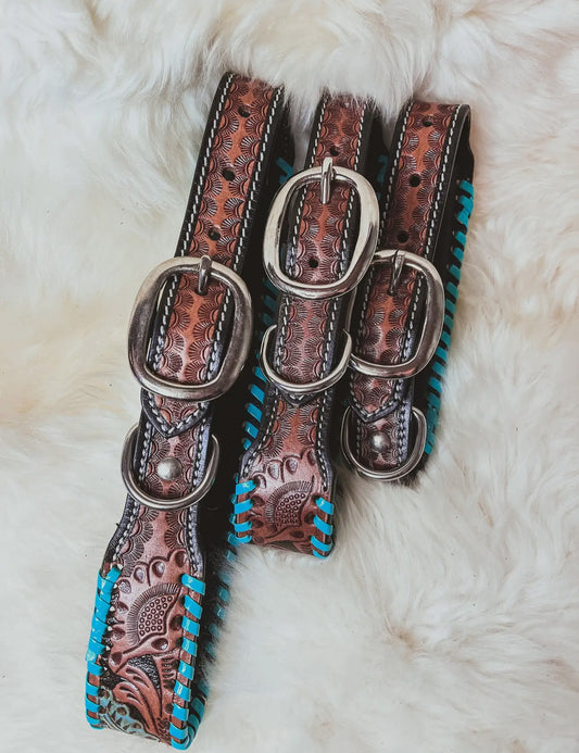 Hand Tooled Turquoise & Red Leather
Dog Collar