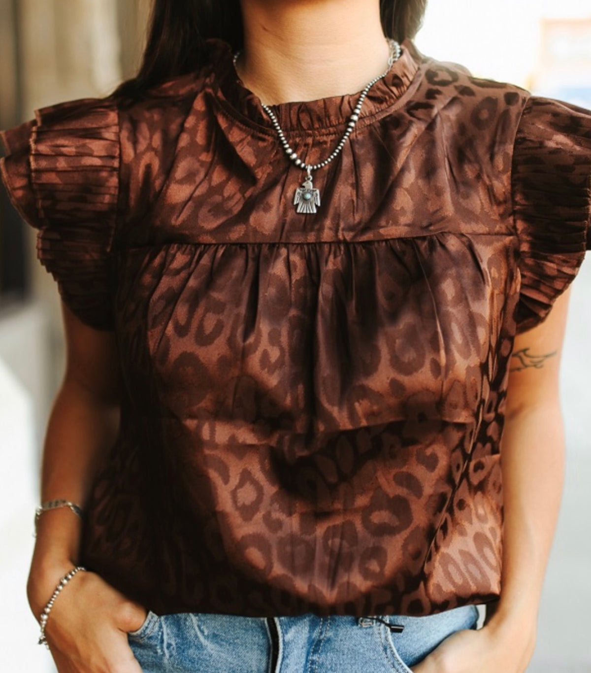 Leopard Satin Pleated Ruffle Top