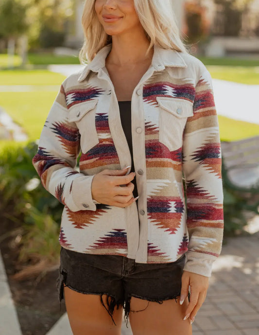 Multicolour Western Aztec Ribbed
Patchwork Double Flap Pocket Shacket