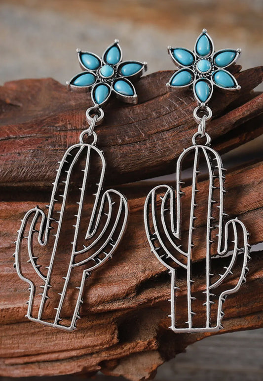 Silvery Western Turquoise Flower Cactus Dangle Earrings