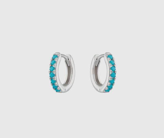 Turquoise Stone Huggies Hoops (10 mm). Sterling Silver (925).