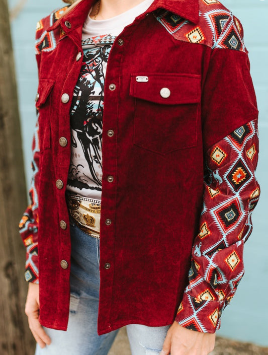 BURGUNDY CORDUROY WESTERN PRINTED YOKE SLEEVE PEARL SNAP SHIRT (in the pictures it looks more red, it is a true burgundy color in person)