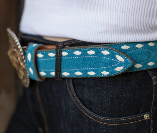 COLORED LEATHER BUCKSTITCH BELT TURQUOISE