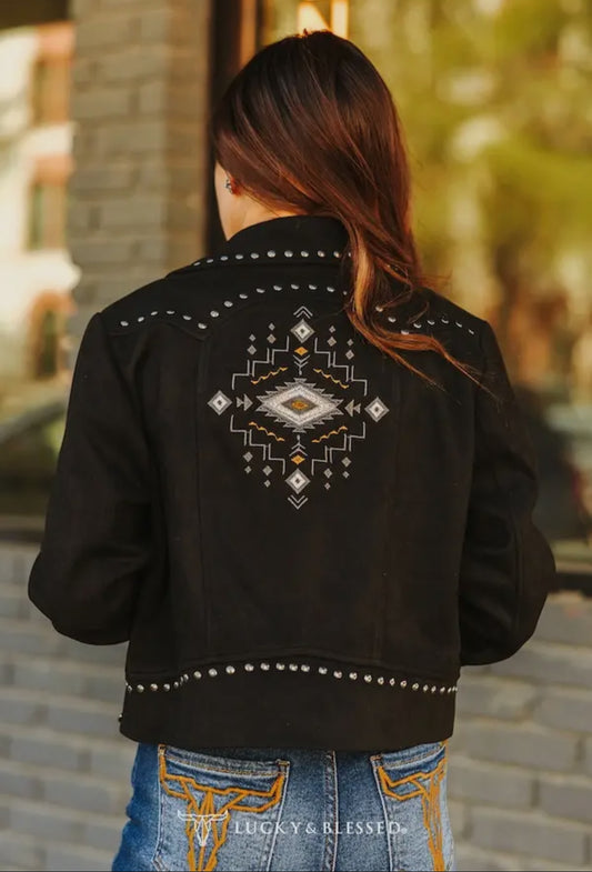 Black Suede Studded Aztec Embroidered Jacket