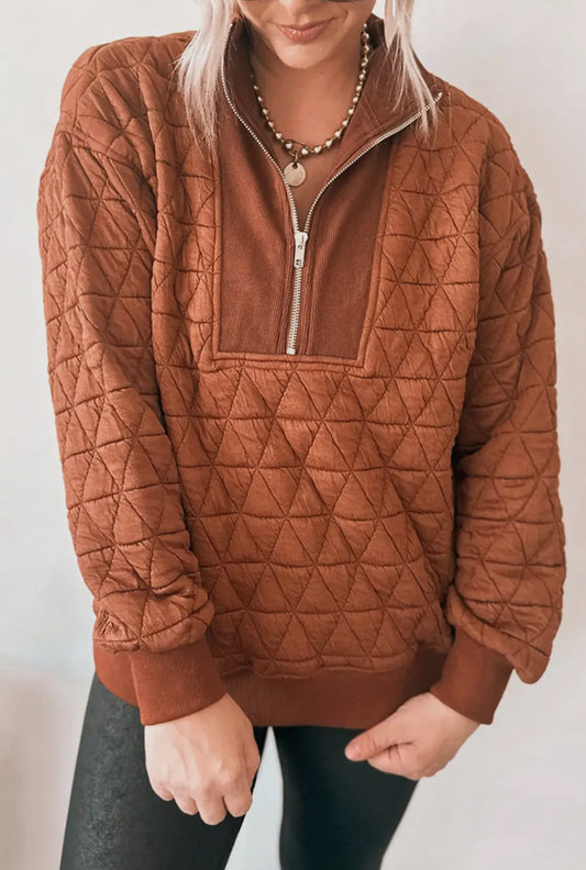 Geometric Quilted Half Zipped Loose Sweatshirt