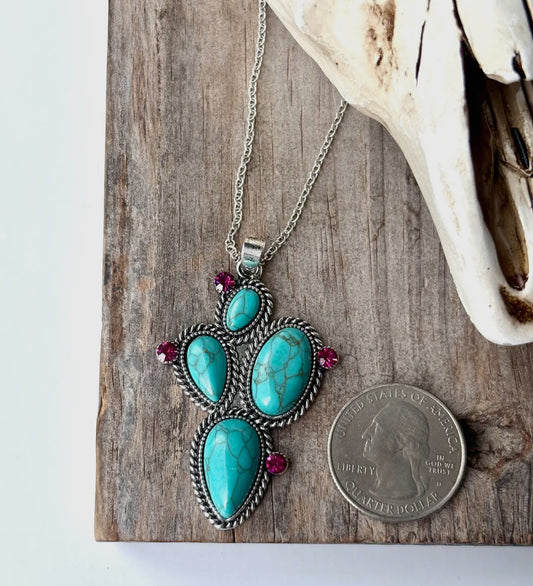 Western Cactus Stone Pendant Necklace