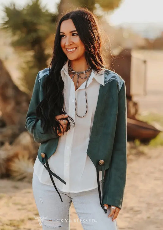 Teal Suede Aztec Detail Yoke Front Tassel Jacket