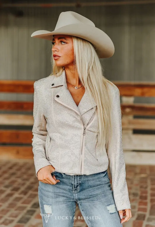 Beige Rhinestone Long Sleeve Zip Up Moto Jacket
