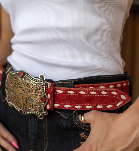 COLORED LEATHER BUCKSTITCH BELT RED