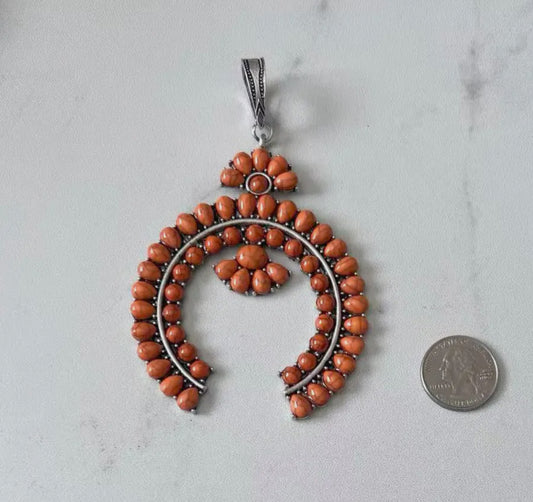 Silver Metal with orange Turquoise Stone Squash Blossom Pendent