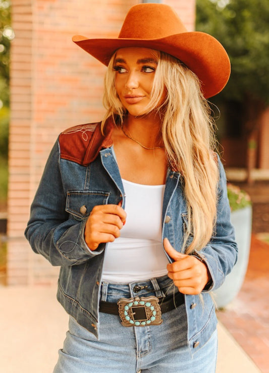 DENIM EMBROIDERED BOOT STITCH
DETAIL BROWN LEATHER YOKE         JACKET *the leather on top is a darker brown than the picture**
