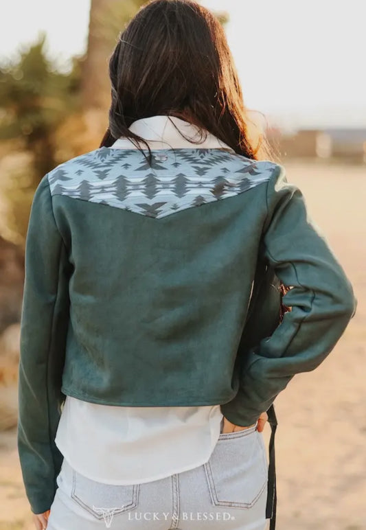 Teal Suede Aztec Detail Yoke Front Tassel Jacket