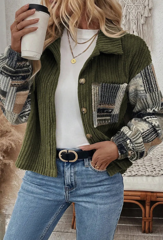 Jungle Green Ribbed Fleece Plaid Print Patchwork Button Up Jacket