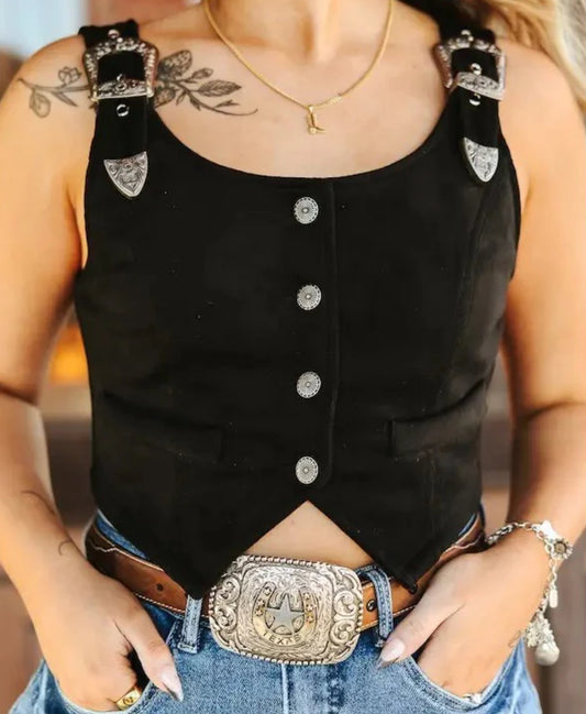 Black Suede Buckle Strap Button
Down Vest