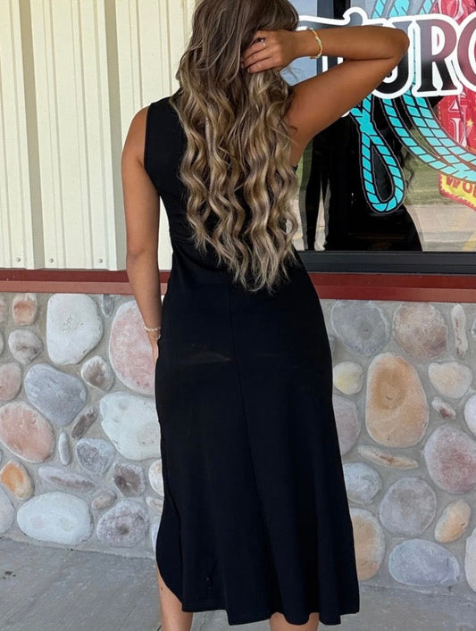 Black Gathered Hem Keyhole Dress