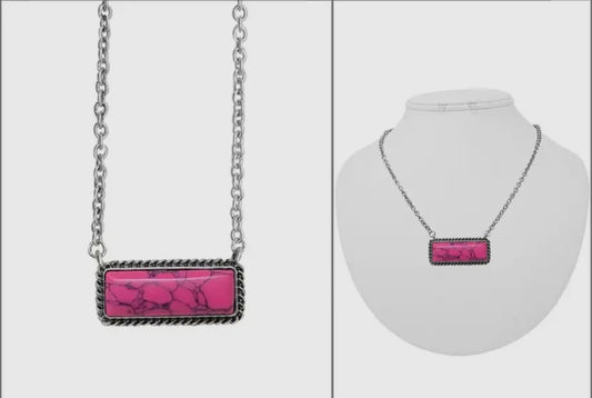 Western Semi Stone Bar Necklace HOT PINK