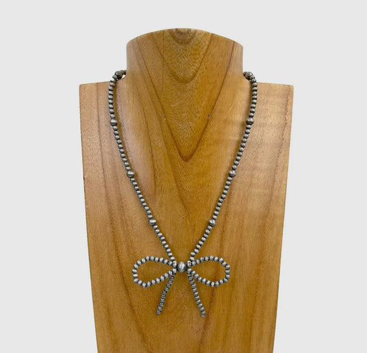 16 Inches Silver Navajo Pearl Beads with Bow Tie Necklace
