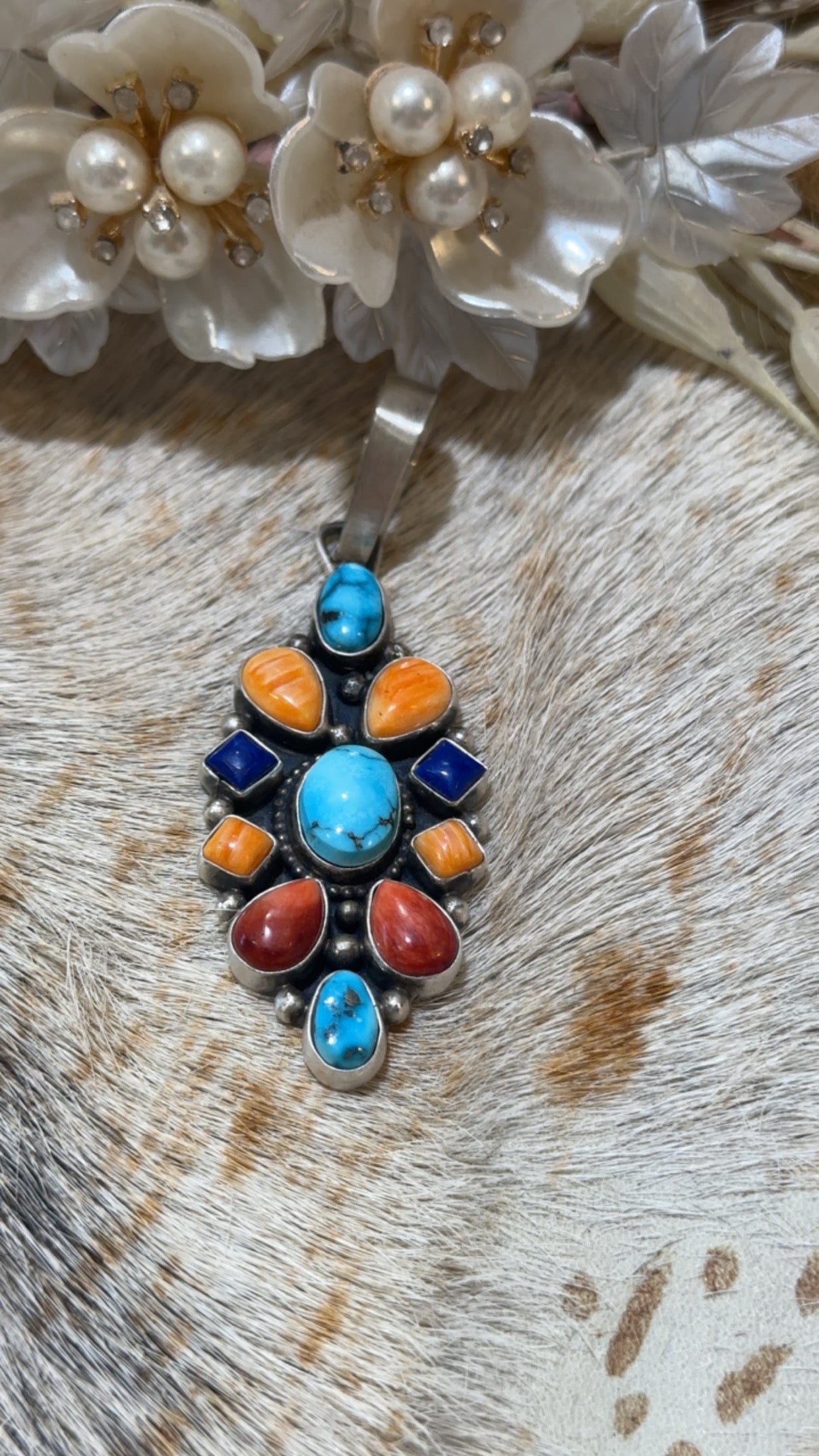 Authentic Stamped Pendant. Stones: Lapis,kingman turquoise, red and orange spiney oyster