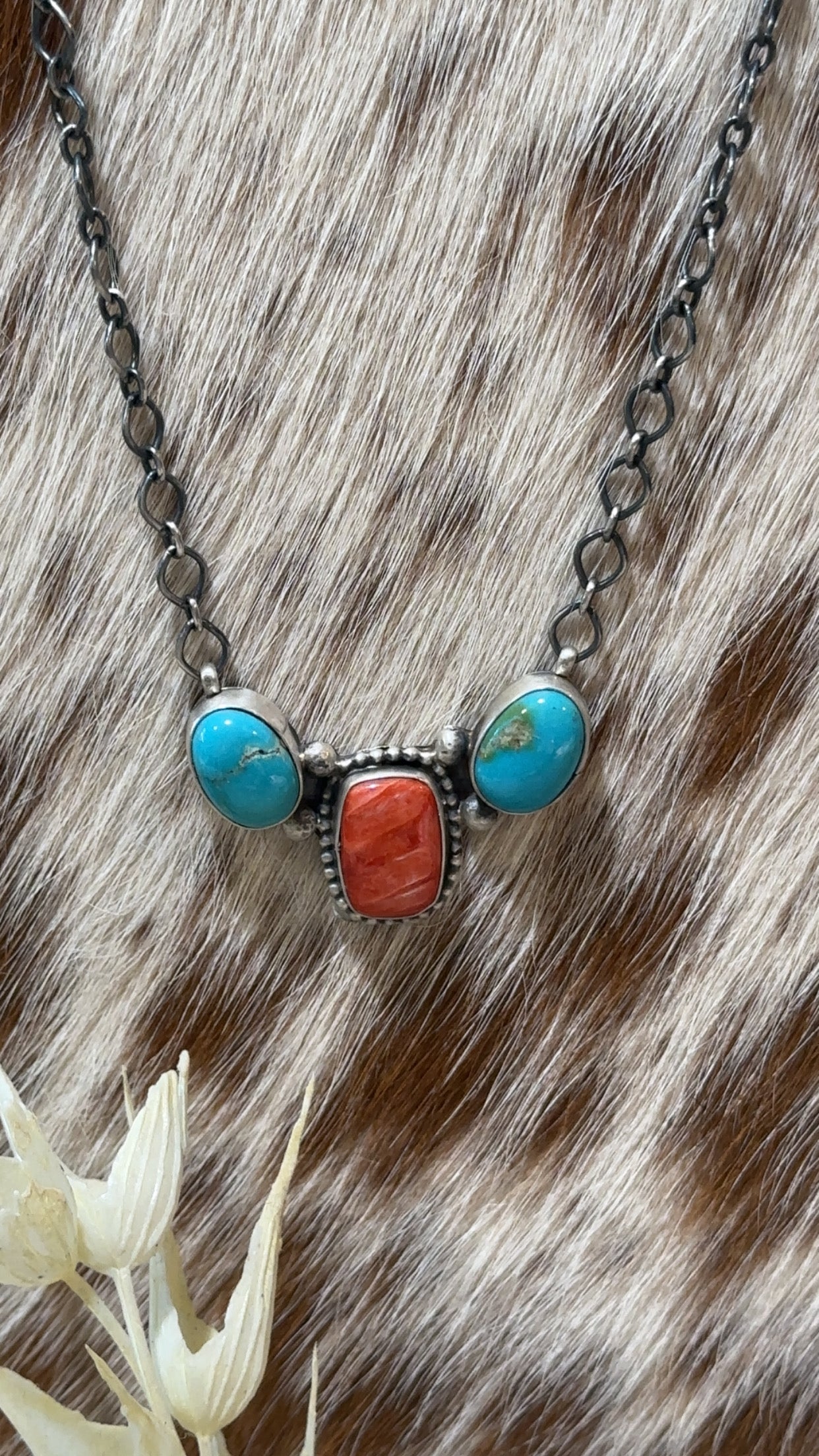 Authentic Stamped 3 Stone Necklace with Kingman turquoise & Red spiney oyster stones.