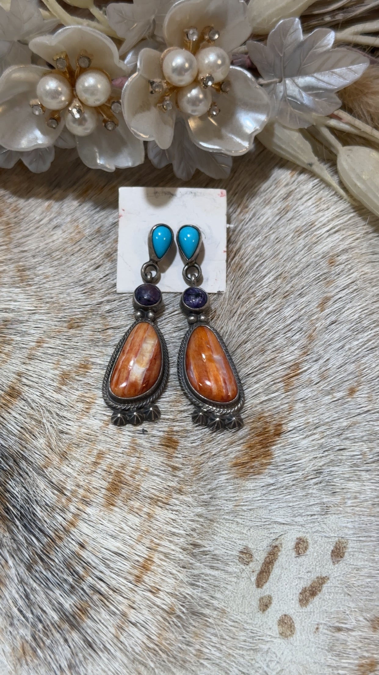 Authentic Stamped Kingman turquoise, orange & purple spiny oyster stone Earrings.