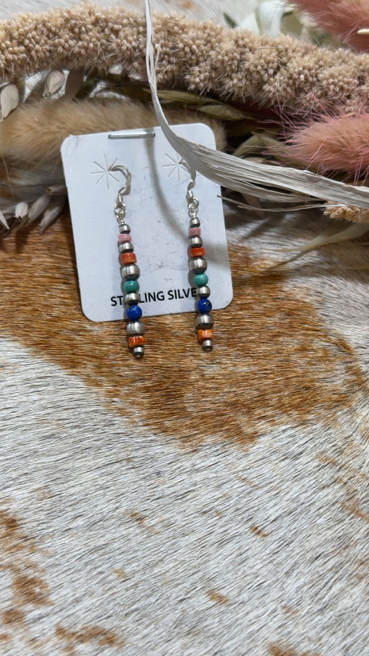 Sterling Silver Navajo Pearl Mixed Bead with multicolor Stone accents. Featuring the kingman turquoise, orange and red spiney oyster, red coral, purple spiney oyster earrings. (Matching necklace & bracelet available)