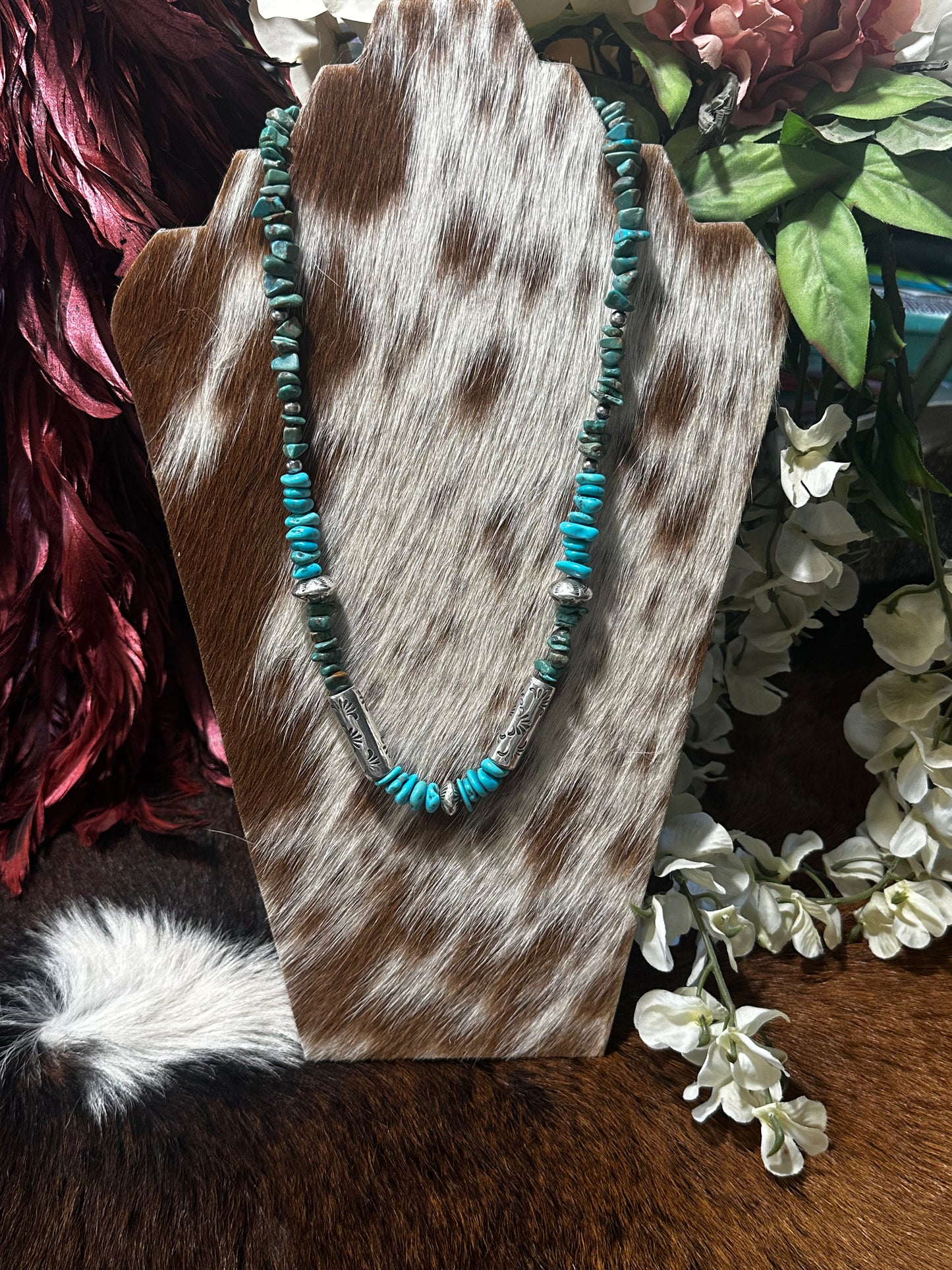Southwestern 925 sterling silver turquoise heishi bead necklace.